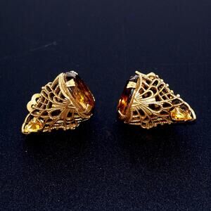 Filigree Topaz Rhinestone Clip Earrings, Large Faceted Glass Bottom,  1960s